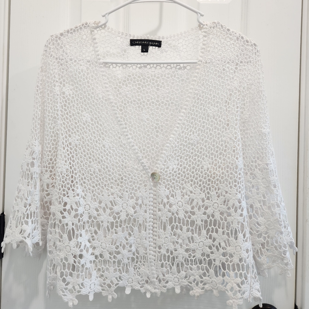 Rabbit Design Womens White V Neck Short Sleeve Bordered Shrug Lace